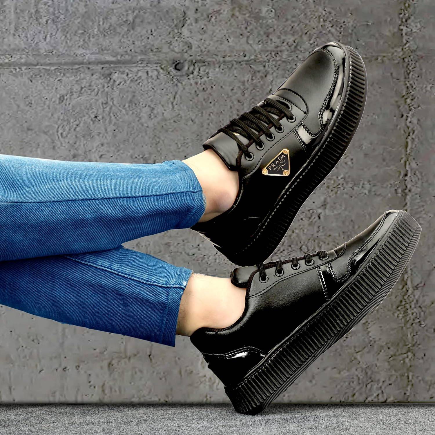 Prada Milano All-Black Creeper Sneakers Luxury Platform Designer Shoes  for Men