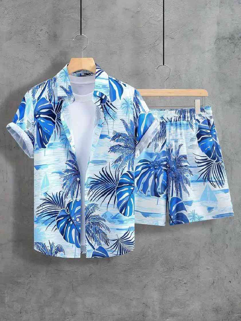 Men's Blue Tropical Hawaiian Shirt and Shorts Set Palm Print